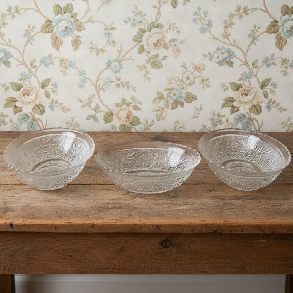 Anchor Hocking Sandwich Pattern Oval Bowls, Set of 3 Vintage Clear Pressed Glass